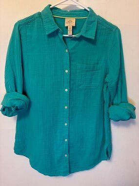Saint John’s Bay Turquoise Long-Sleeve Cotton Gauze Button Shirt